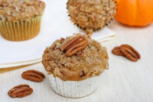 Pumpkin pecan muffins with streusel topping.